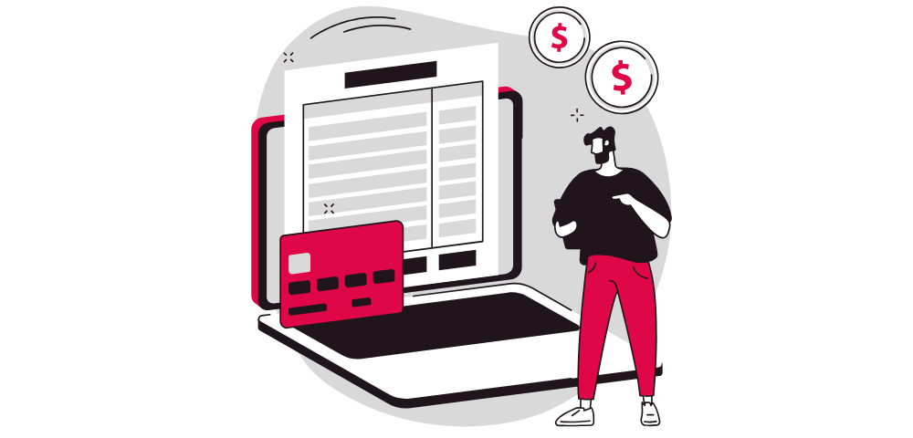 Ilustración vectorial de un hombre junto a un portátil con una factura digital, una tarjeta de crédito y monedas con símbolo de dinero, representando un sistema de facturación electrónica.