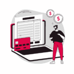 Ilustración vectorial de un hombre junto a un portátil con una factura digital, una tarjeta de crédito y monedas con símbolo de dinero, representando un sistema de facturación electrónica.