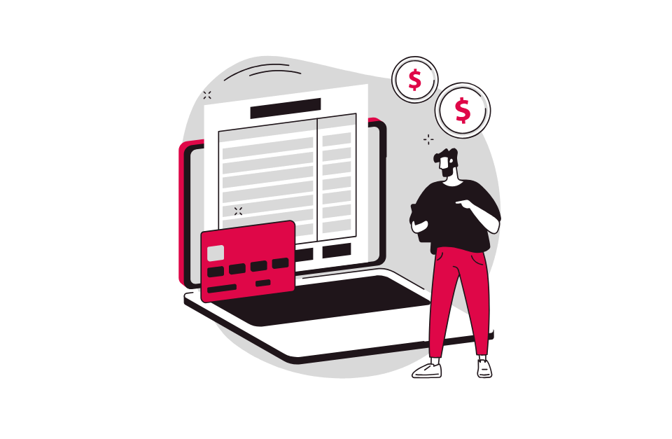 Ilustración vectorial de un hombre junto a un portátil con una factura digital, una tarjeta de crédito y monedas con símbolo de dinero, representando un sistema de facturación electrónica.