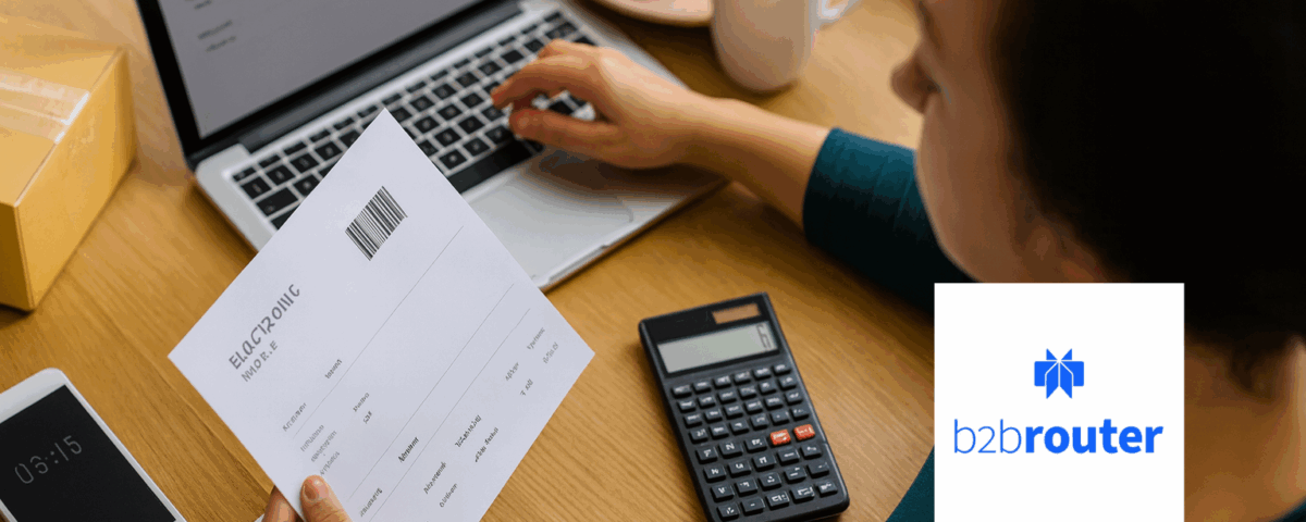 Mujer revisando una factura digital en un portátil mientras sostiene un documento en papel, junto a una calculadora y una taza de café en la mesa.