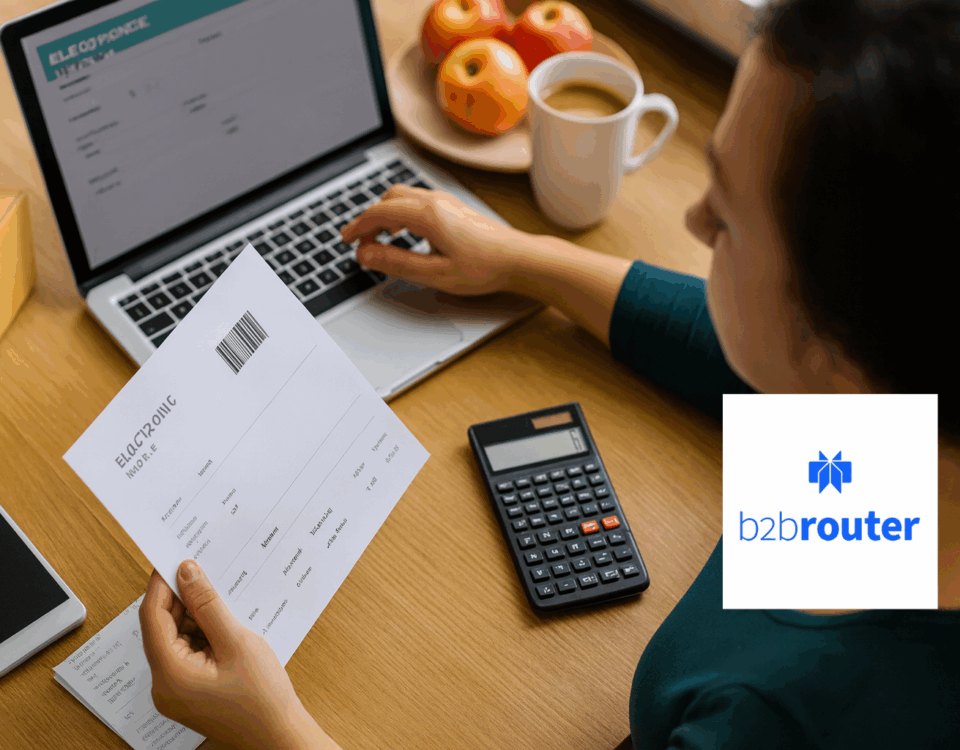 Mujer revisando una factura digital en un portátil mientras sostiene un documento en papel, junto a una calculadora y una taza de café en la mesa.