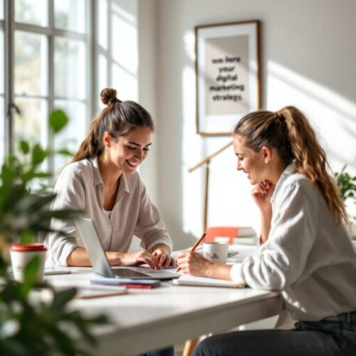 Dos mujeres trabajan juntas en un espacio luminoso de oficina, compartiendo ideas frente a un portátil, representando un entorno creativo de comunicación y estrategia digital.