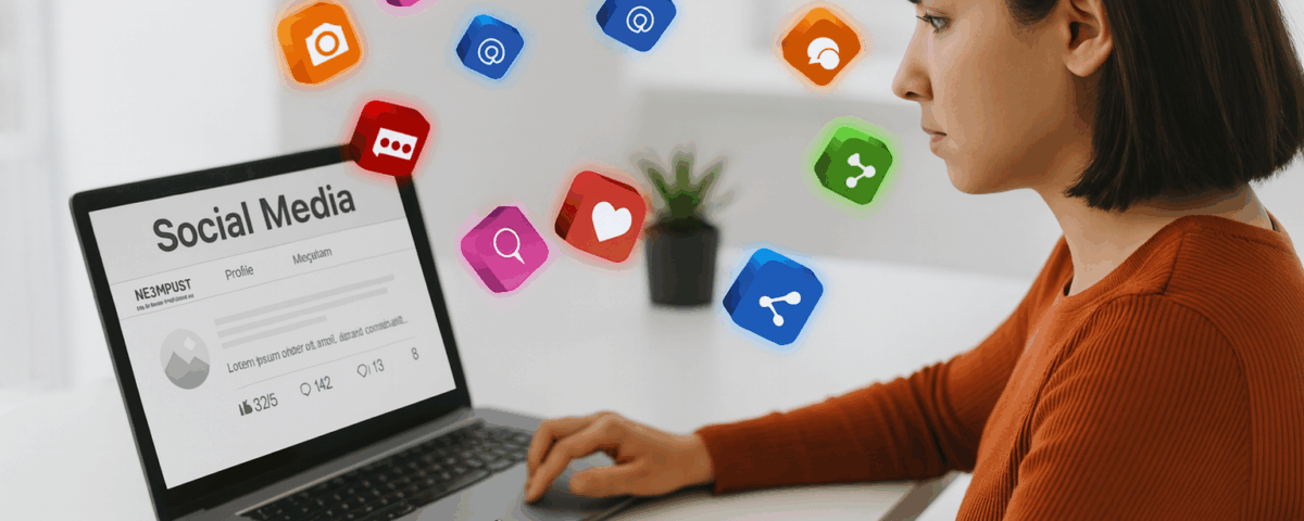 Profesional gestionando redes sociales desde un portátil con iconos digitales flotando alrededor, representando el trabajo de un Community Manager.