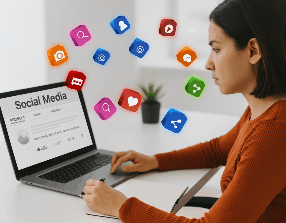 Profesional gestionando redes sociales desde un portátil con iconos digitales flotando alrededor, representando el trabajo de un Community Manager.