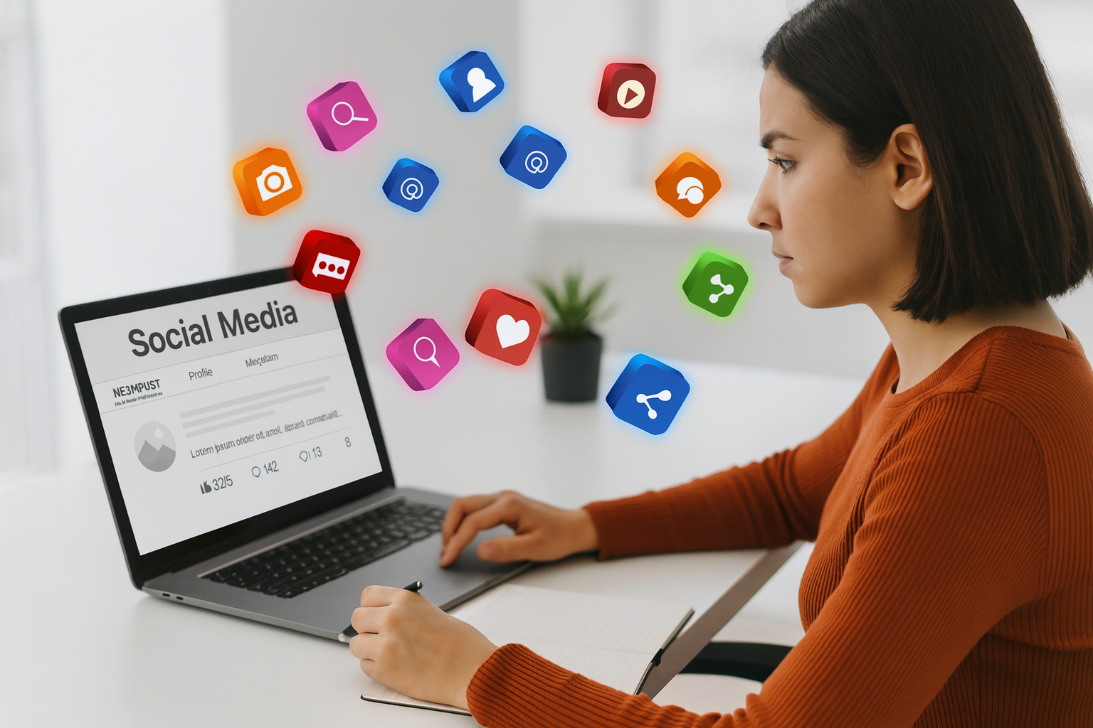 Profesional gestionando redes sociales desde un portátil con iconos digitales flotando alrededor, representando el trabajo de un Community Manager.