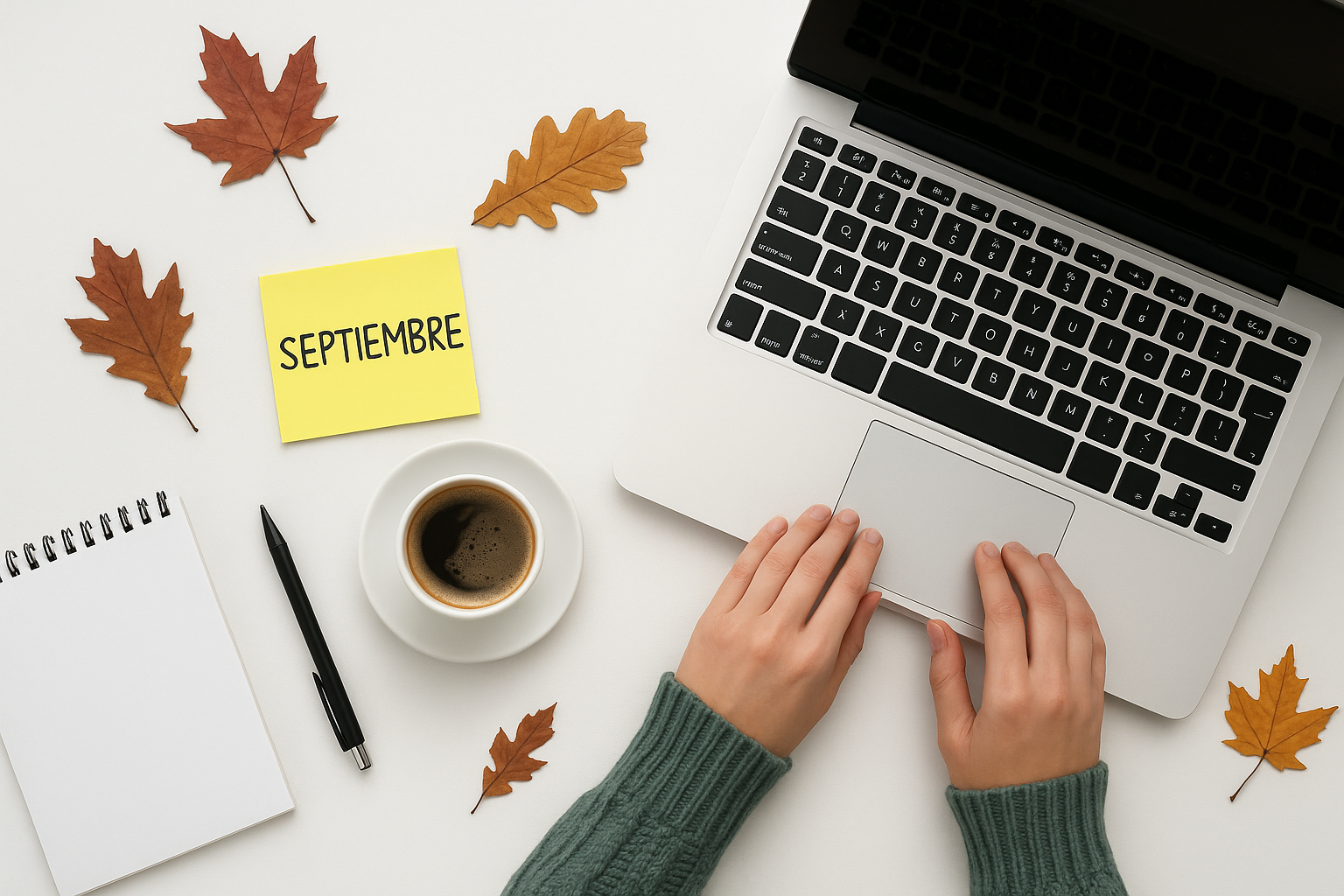 Escritorio minimalista con portátil, café, libreta y hojas otoñales, representando cómo reactivar la estrategia de marketing en septiembre tras el parón de verano.